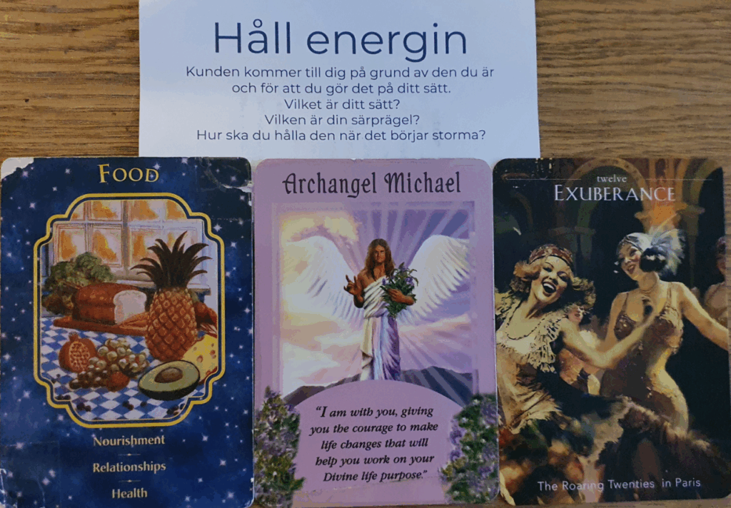 Ängakort som säger: Håll energin, fyll på med näring, var modig, överflöd. 