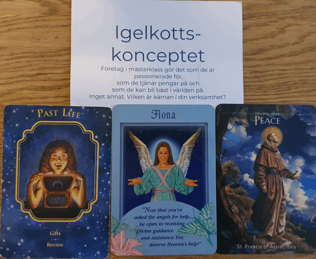 Änglarkort som visar: Igelkotts-konceptet, tidigare liv, ta emot bönesvaret och frid. 